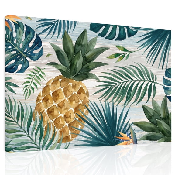 Yellow Pineapple Canvas Print Wall Art, Green Monstera Leaves Vintage Tropical Botanical Summer Wall Decor Modern Artwork Paintings Pictures for Living Room Framed Ready to Hang 24" x 32"