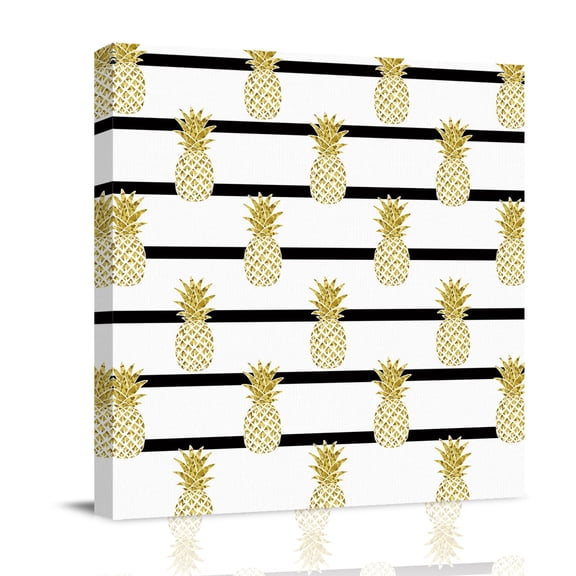 Yellow Pineapple Canvas Wall Art for Living Room, Abstract Fruit White Black Stripe Modern Wall Decor Framed Artwork Pictures Ready to Hang for Bedroom Office Home Decor