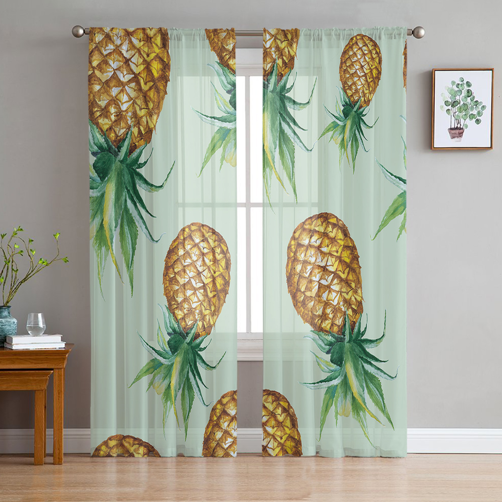 Transparent Rations Yellow Pineapple Fruit Flower Tulle Curtains for Living Room Bedroom ...