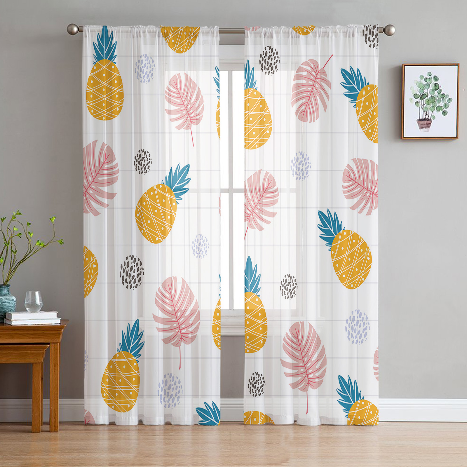 Transparent Rations Yellow Pineapple Fruit Flower Tulle Curtains for Living Room Bedroom ...