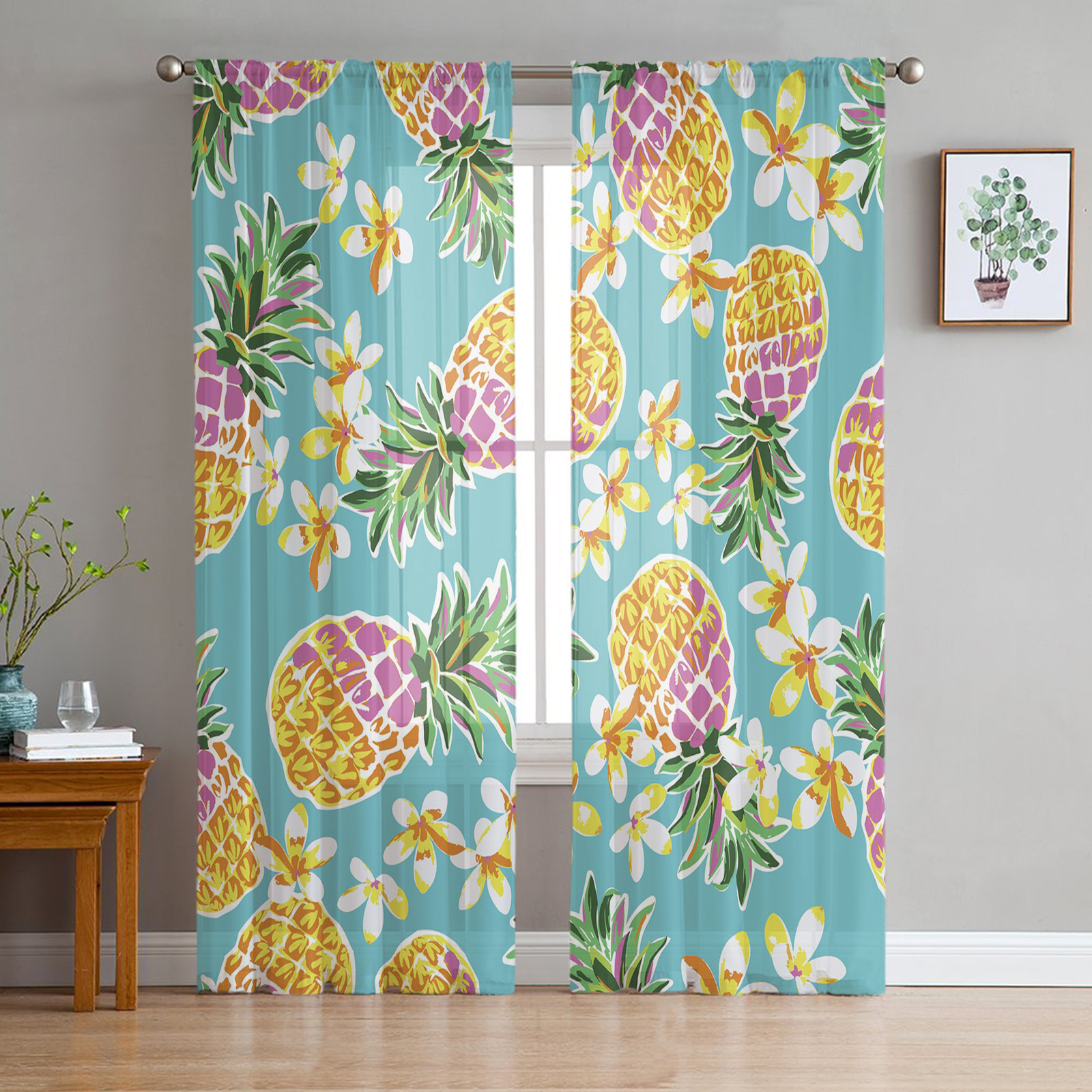 Yellow Pineapple Fruit Flower Tulle Curtains for Living Room Bedroom ...