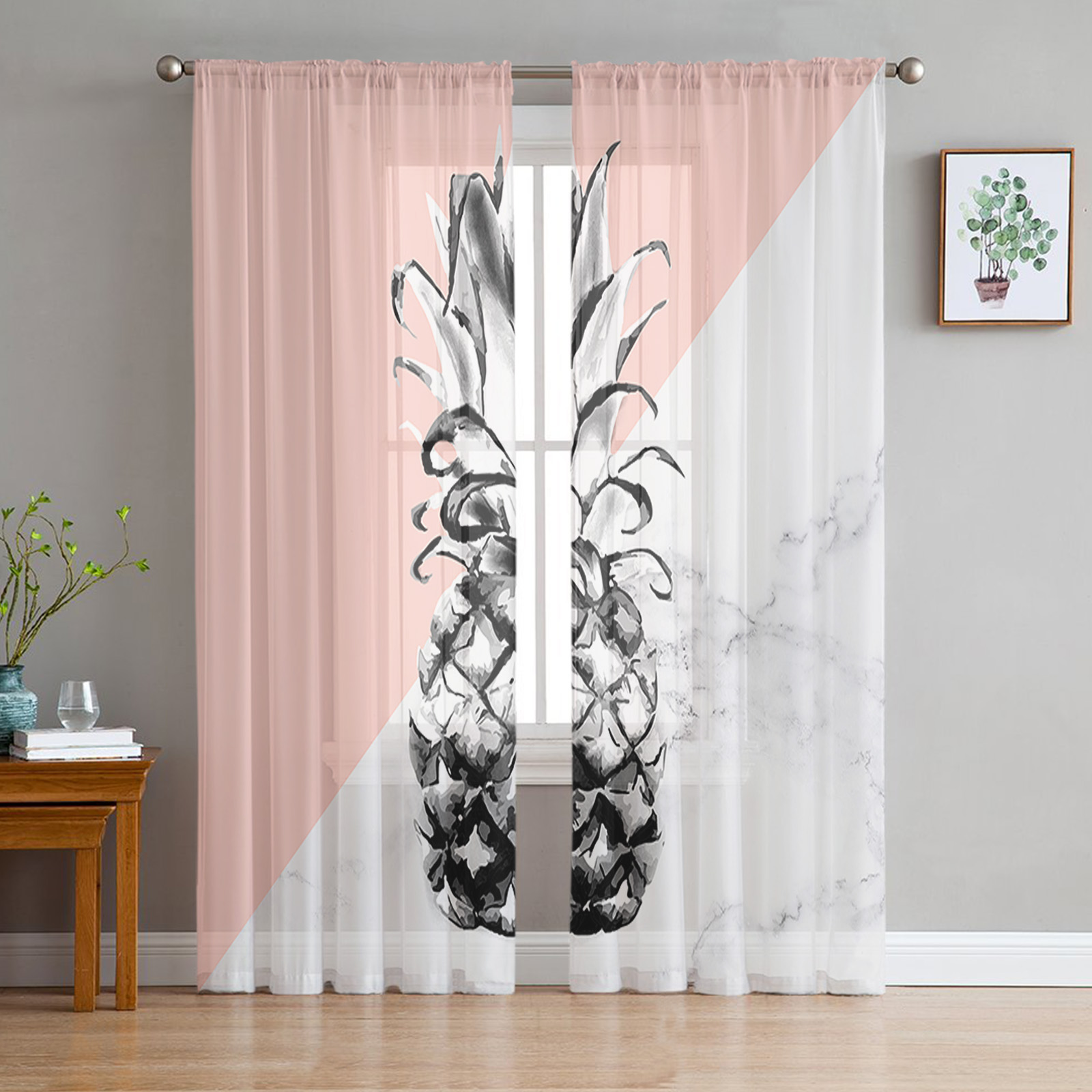 Transparent Rations Yellow Pineapple Fruit Flower Tulle Curtains for Living Room Bedroom ...