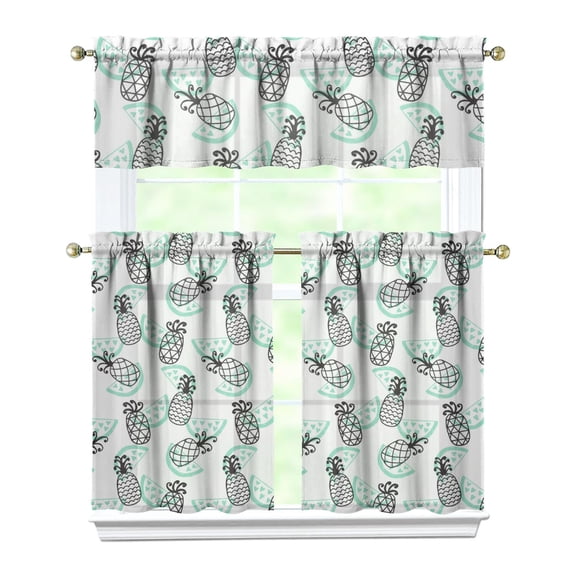 Yellow Pineapple Kitchen Curtains Set, Hawaiian Summer Fruit Tier and Valance with Sunshine and Tropical Plant Design, Light Filtering Curtains for Fresh Kitchen Look