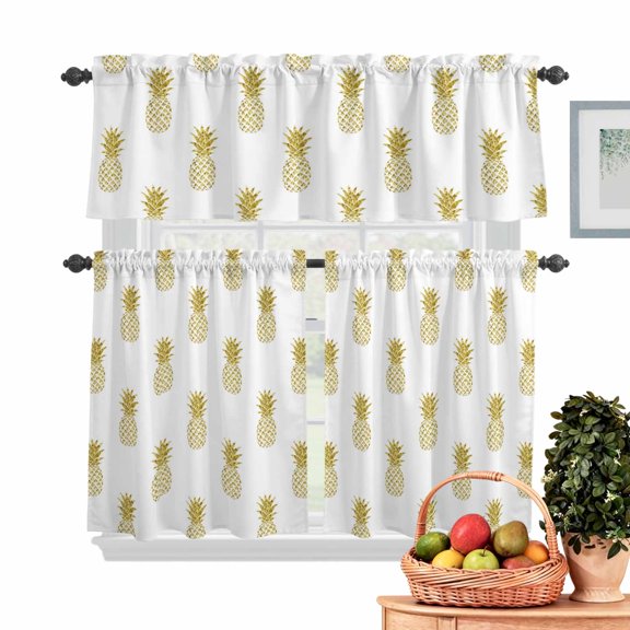 Yellow Pineapple Kitchen Curtains Valances 3 Piece Set, Abstract Fruit White Background Modern Rod Pocket Tier Curtain and Valance Drapes for Small Window 24 Inch Length for Bedroom Cafe