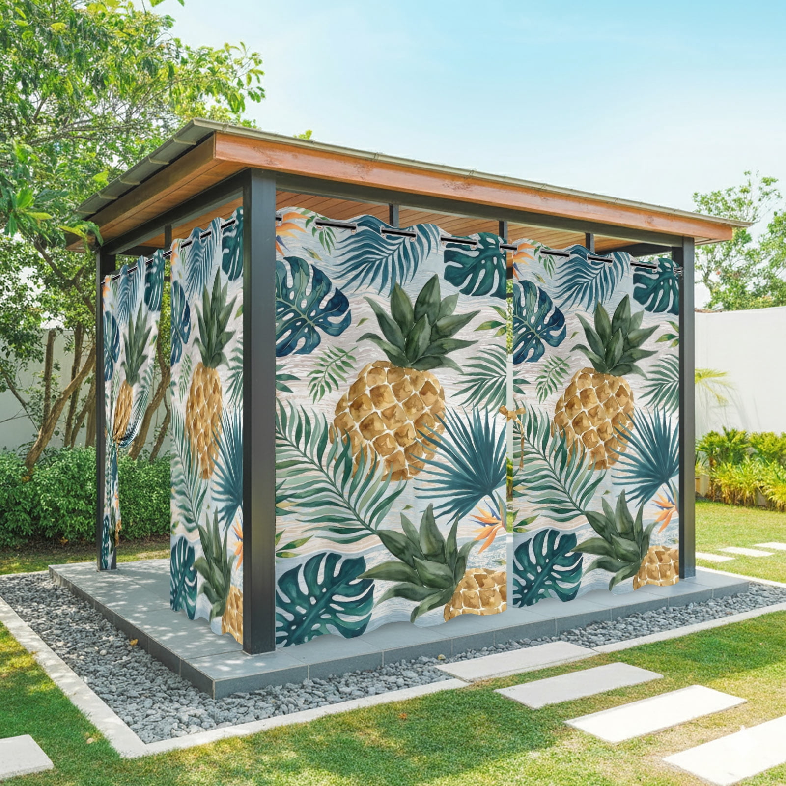 Yellow Pineapple Outdoor Curtains for Patio, Green Monstera Leaf Vintage Tropical Botanical Summer Sunshade Privacy Drapes Grommet Waterproof Outside Curtains for Porch Balcony 54"x108", 1 Panel