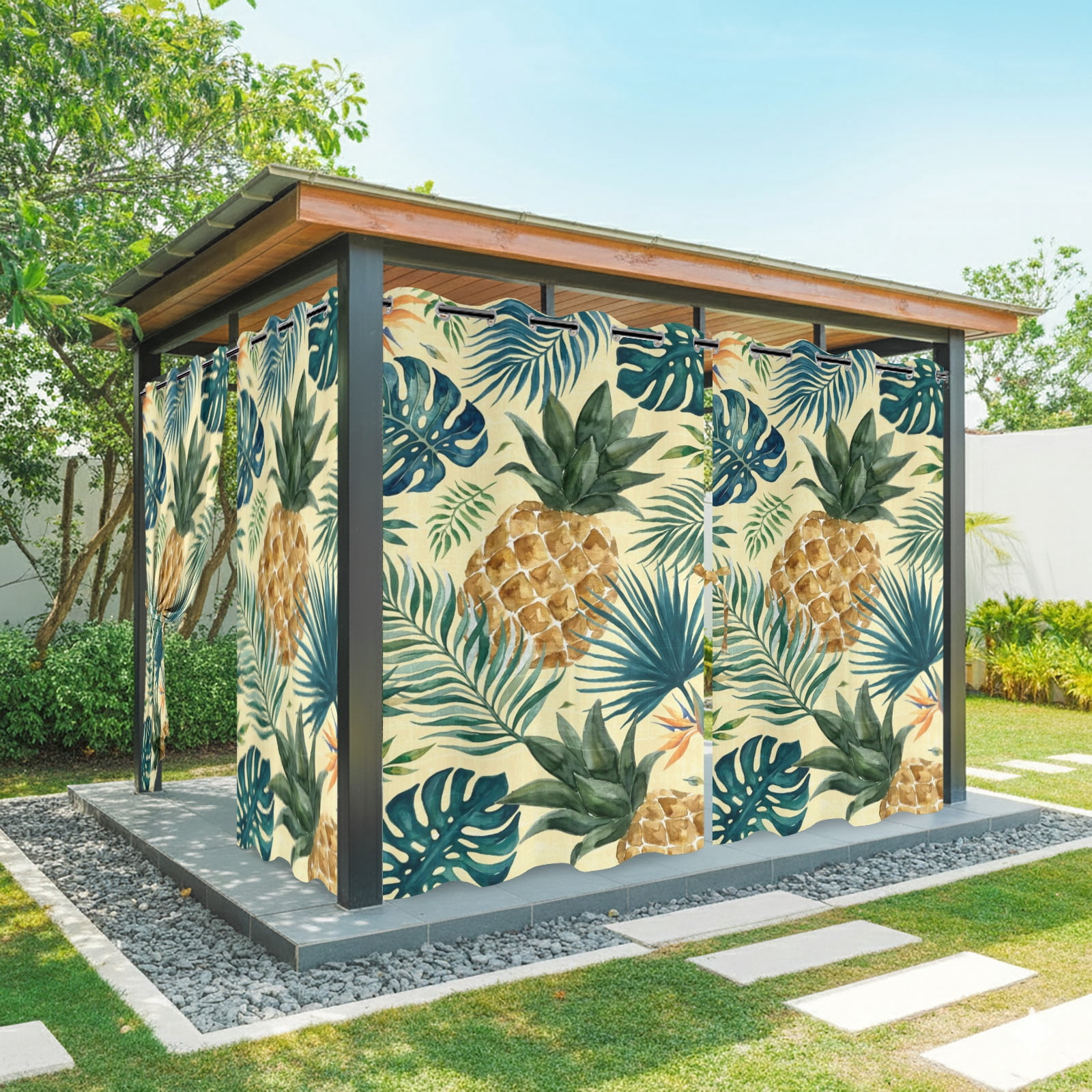 Yellow Pineapple Outdoor Curtains for Patio, Summer Palm Leaf Tropical Fruit Botanical Coastal Sunshade Privacy Drapes Grommet Waterproof Outside Curtains for Porch/Cabana/Balcony 54"x 108", 1 Panel