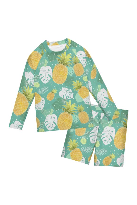 Yellow Pineapple Pattern Boys' Bathing Suit UPF 50+ Boys' Rash Guard Sets Stretchy Quick Dry 3T-10T