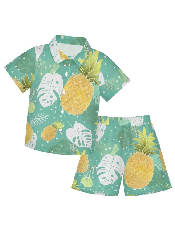 Yellow Pineapple Pattern Boys' Hawaiian Shorts Sets Button Down Shirts 3T-10Y for Beach Vacation
