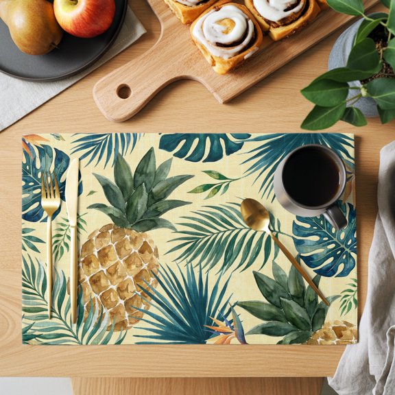 Yellow Pineapple Placemats Set of 6, Summer Palm Leaf Tropical Fruit Botanical Coastal Non-Slip Place Mats Washable Table Mats for Kitchen Dining Table Decorations Indoor/Outdoor