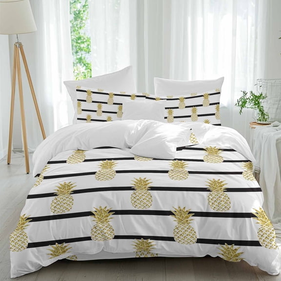 Yellow Pineapple Queen Size Comforter Set, Abstract Fruit White Black Stripe Modern Bedding for All Seasons, 4 Pcs Bed Set, 1Quiltcover (90"x92") ,1Sheet(94"x116"), 2Pillowcases (30"x20")