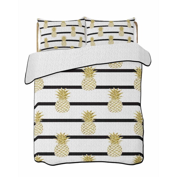 Yellow Pineapple Quilts Bedding Set California King Abstract Fruit White Black Stripe Modern Lightweight Quilted Bedspread 3 Piece Bed Quilt with 2 Pillow Shams All Season for Bedroom 96" x 106"