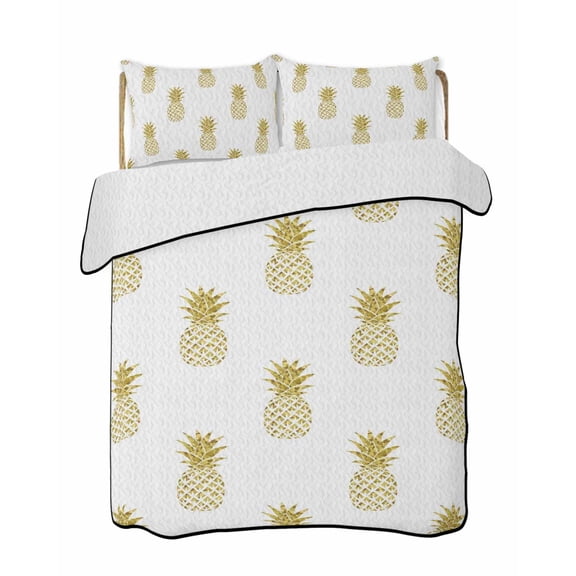 Yellow Pineapple Quilts Bedding Set Full Size Abstract Fruit White Background Modern Lightweight Quilted Bedspread 3 Piece Bed Quilt with 2 Pillow Shams All Season for Bedroom 68" x 98"