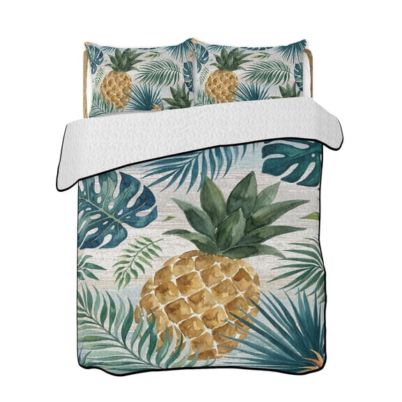 Yellow Pineapple Quilts Bedding Set Full Size Green Monstera Leaves Vintage Tropical Botanical Summer Lightweight Quilted Bedspread 3 Piece Bed Quilt with 2 Pillow Shams for Bedroom 68" x 98"