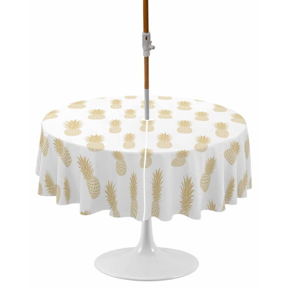 Yellow Pineapple Round Outdoor Tablecloth, Waterproof Table Cloth Cover with Umbrella Hole and Zipper, Vintage Summer Tropical Fruit Table Protector for Patio Party Picnic 54" Round