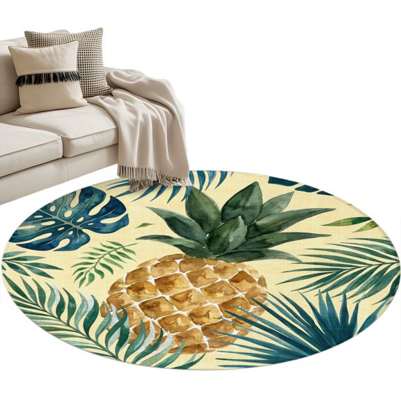 Yellow Pineapple Round Rug 3ft Washable Circle Entryway Rugs Non Slip Summer Plam Leaves Botanical Tropical Area Rug Indoor Floor Carpet for Bedroom Kitchen Living Room Office Dining Room Nursery