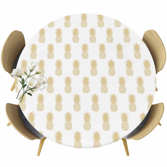 Yellow Pineapple Round Tablecloth, Fitted Table Cover with Elastic for 36"-44" Round Tables, Vintage Summer Tropical Fruit Table Cloth Outdoor Indoor Dinning Party Waterproof Tablecloths