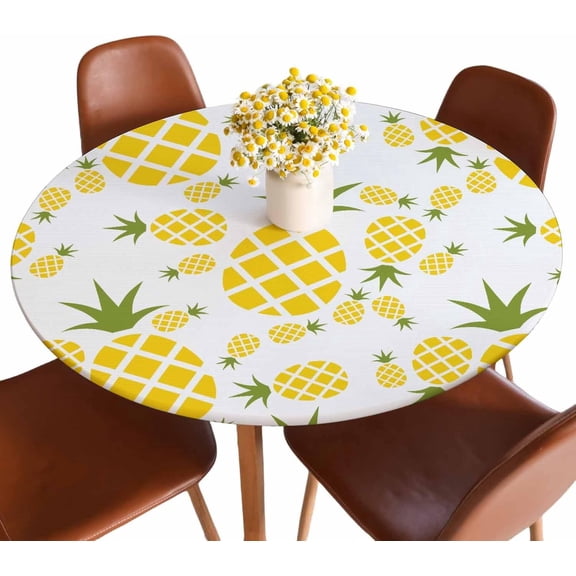 Yellow Pineapple Round Tablecloths Elastic Edged Tropical Fruit Geometric Summer Tablecloths Washable Reusable Tablecloth for Kitchen Picnic Party 40-44 inch