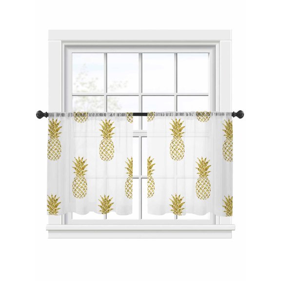 Yellow Pineapple Sheer Curtains 2 Panels Set Abstract Fruit White Background Modern Sheer Window Curtains Light Filtering Rod Pocket Voile Drapes for Bedroom Living Room 52"x54"