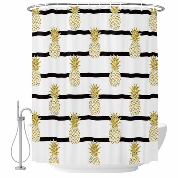 Yellow Pineapple Shower Curtain, 72" x 72", Abstract Fruit White Black Stripe Modern Waterproof Bathroom Curtain Washable Shower Curtain Set with 12 Hooks