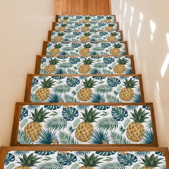 Yellow Pineapple Stair Treads Non Slip for Steps Green Monstera Leaves Tropical Botanical Summer 15 Pcs Reusable Adhesive Stair Runner Mats for Dogs Elders Carpet Treads Rugs for Staircase 8x30 In