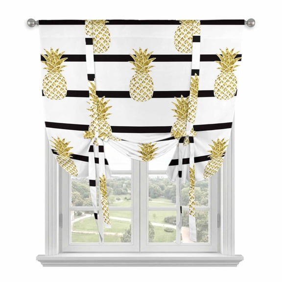 Yellow Pineapple Tie Up Curtain for Window, Abstract Fruit White Black Stripe Modern Adjustable Tie Up Balloon Curtain Valances Rod Pocket Window Treatment for Kitchen Bathroom Bedroom 42"x45"