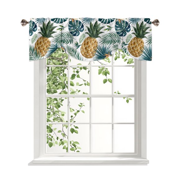 Yellow Pineapple Tie Up Valances Curtain, Green Monstera Leaves Tropical Botanical Summer Adjustable Rod Pocket Window Treatment Short Tie Up Curtains Valances for Kitchen Bathroom 42x12 Inches