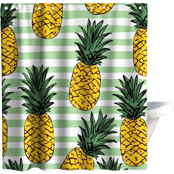 Yellow Pineapple Tropical Shower Curtain Sets Fruit Stripe Theme Fabric Kids Bathroom Decor with Hooks Waterproof Washable 72W x 72H inches