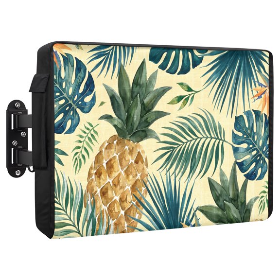 Yellow Pineapple Waterproof Outdoor TV Cover, Summer Palm Leaf Tropical Fruit Botanical Coastal Outside Weatherproof TV Enclosures for 80 to 85 Inch LCD Television Shield Flat Screen Protectors