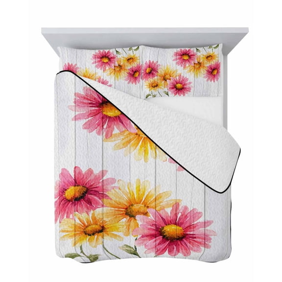 Yellow Pink Daisy 3 Piece Quilt Set Queen Size, Rustic Farmhouse Wooden Slats Soft Bedspread Coverlet Bedding Set Microfiber Lightweight Comforter Set with 2 Pillowcases for Bedroom