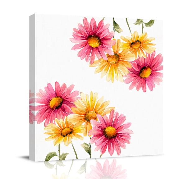 Yellow Pink Daisy Canvas Wall Art for Living Room, Rustic Farmhouse Boho Wildflowers Poster Print Painting for Bedroom Office Home Decoration Wall Pictures Prepare To Hang 8"x8"