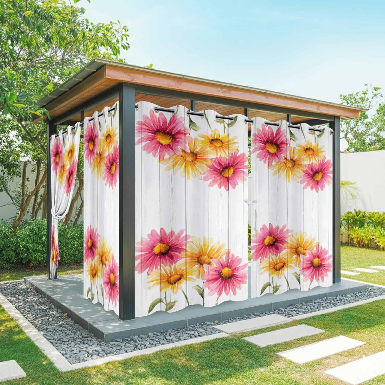 Yellow Pink Daisy Outdoor Curtains for Patio, Rustic Farmhouse Wooden Slats Sunshade Privacy Drapes Grommet Waterproof Outside Curtains for Porch/Cabana/Balcony 54"x 108", 1 Panel
