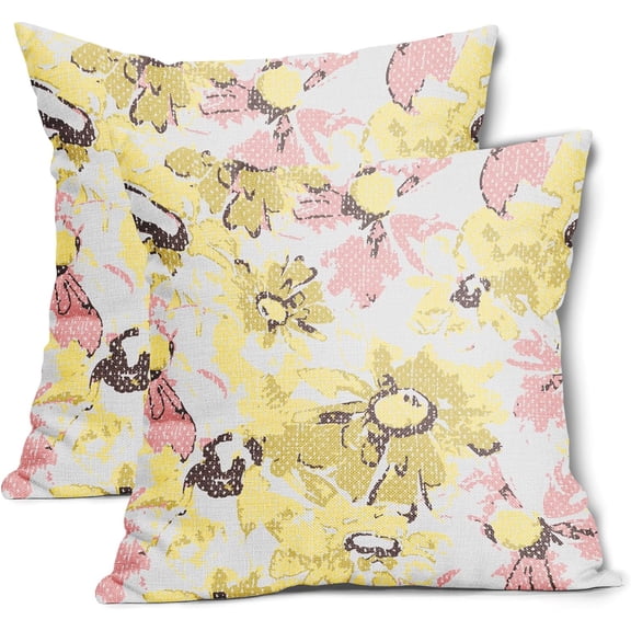 Yellow and Pink Daisy Pillow Covers 20x20 Inch Vintage Floral Farmhouse Flowers Linen Decorative Throw Pillow Case Cushion Cover Set of 2 for Bedroom Sofa Living Room Couch Chair
