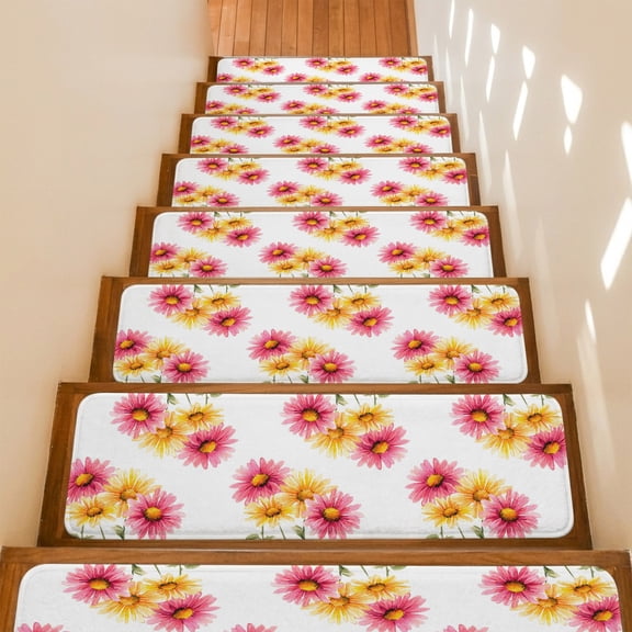 Yellow Pink Daisy Stair Treads Non Slip for Steps Rustic Farmhouse Boho Wildflowers 7 Pcs Reusable Adhesive Stair Runner Mats for Dogs Elders Carpet Treads Rugs for Staircase 8x30 In