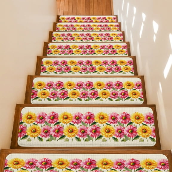 Yellow Pink Daisy Stair Treads Non Slip for Steps Rustic Farmhouse Boho Yellow Plaid 4 Pcs Reusable Adhesive Stair Runner Mats for Dogs Elders Carpet Treads Rugs for Staircase 8x30 In