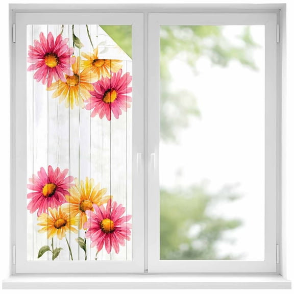 Yellow Pink Daisy Window Privacy Film 19.6x39.3in Rustic Farmhouse Wooden Slats Decorative Window Film with Static Cling, UV Filtering Window Cling Privacy Film for Glass Doors and Windows
