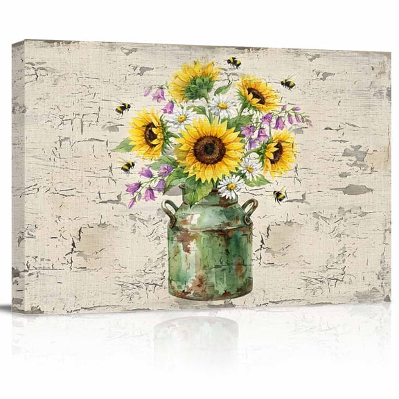 Yellow Pink Floral Canvas Print Wall Art Retro Sunflower Flowers Bee Green Jug Mottled Pictures Painting Morden Artwork for Living Room Bedroom, Ready to Hang - 12"x16"