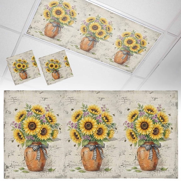 Yellow Pink Floral Fluorescent Light Covers Retro Sunflower Flowers Orange Jug Mottled Magnetic Light Filters Ceiling Lighting Panel Shade for Classroom Office Home 2 x 4 ft, 2 Pack