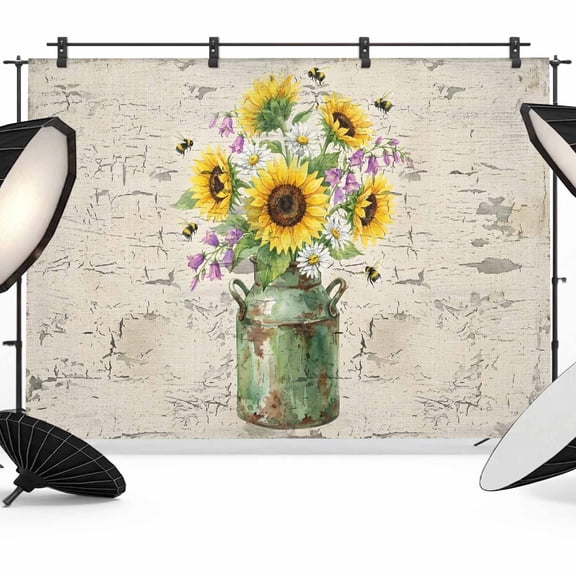 Yellow Pink Floral Photography Backdrop 10x8FT, Retro Sunflower Flowers Bee Green Jug Mottled Photo Backdrops, Background for Photography Studio Photo Studio Background, Back Drop for Photoshoot