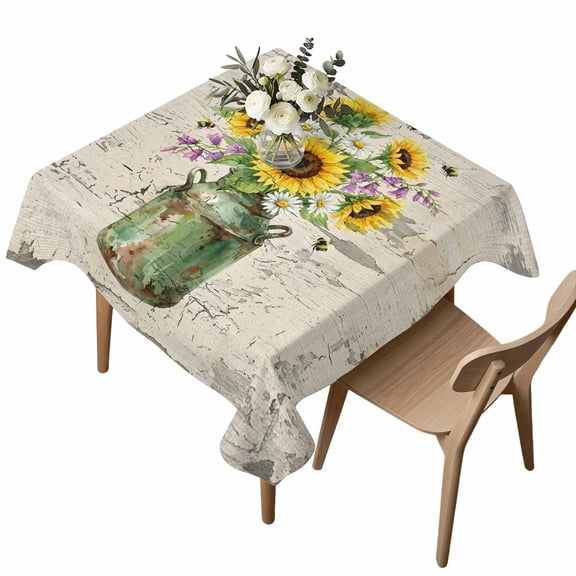 Yellow Pink Floral Square Tablecloth Retro Sunflower Flowers Bee Green Jug Mottled Waterproof Wrinkle Free Soft Table Cloth Spill-Proof Washable Table Cover for Dining Party Picnic 54 x 54 Inch