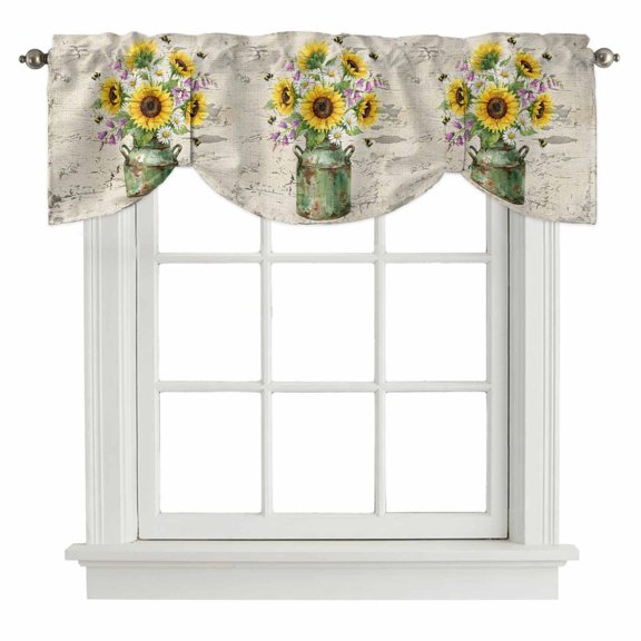 Yellow Pink Floral Tie Up Valance Curtains Retro Sunflower Flowers Bee Green Jug Mottled Adjustable Light Filtering Tie Up Valance Small Window Shade for Kitchen Bedroom Cafe 42" W x 18" L