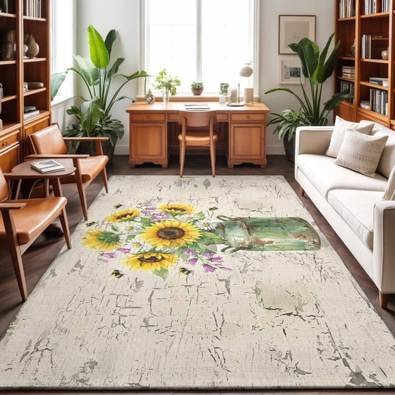 Yellow Pink Floral Washable Area Rug 9 x 12 ft Retro Sunflower Flowers Bee Green Jug Mottled, Soft Non Slip Rugs Stain Repellent Indoor Felt Carpet for Living Dining Room Bedroom Home Office