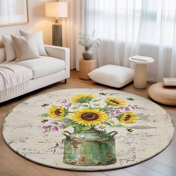 Yellow Pink Floral Washable Round Area Rug 7 ft, Retro Sunflower Flowers Bee Green Jug Mottled, Soft Non Slip Rugs Stain Repellent Indoor Felt Carpet for Living Dining Room Bedroom Home Office