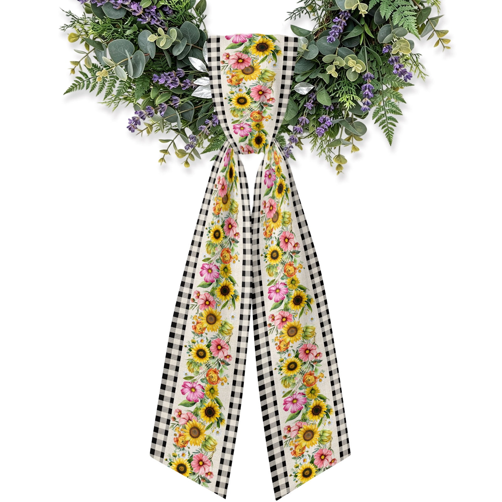 Outside Double Railing Yellow Pink Floral Wreath Sash for Front Door 4.5