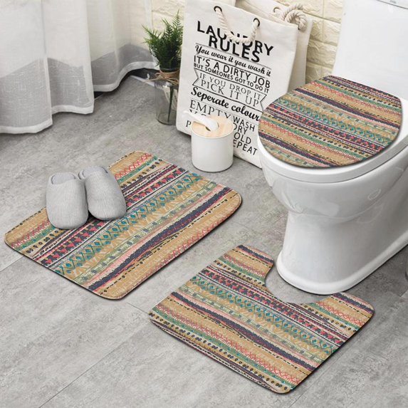 Yellow and Pink Geometric Boho Pattern Bathroom Rugs Sets 3 Piece,Toilet Cover Set,Absorbent Non Slip Bathroom Mats Sets with U-Shaped Contour Rug Toilet Rug Set