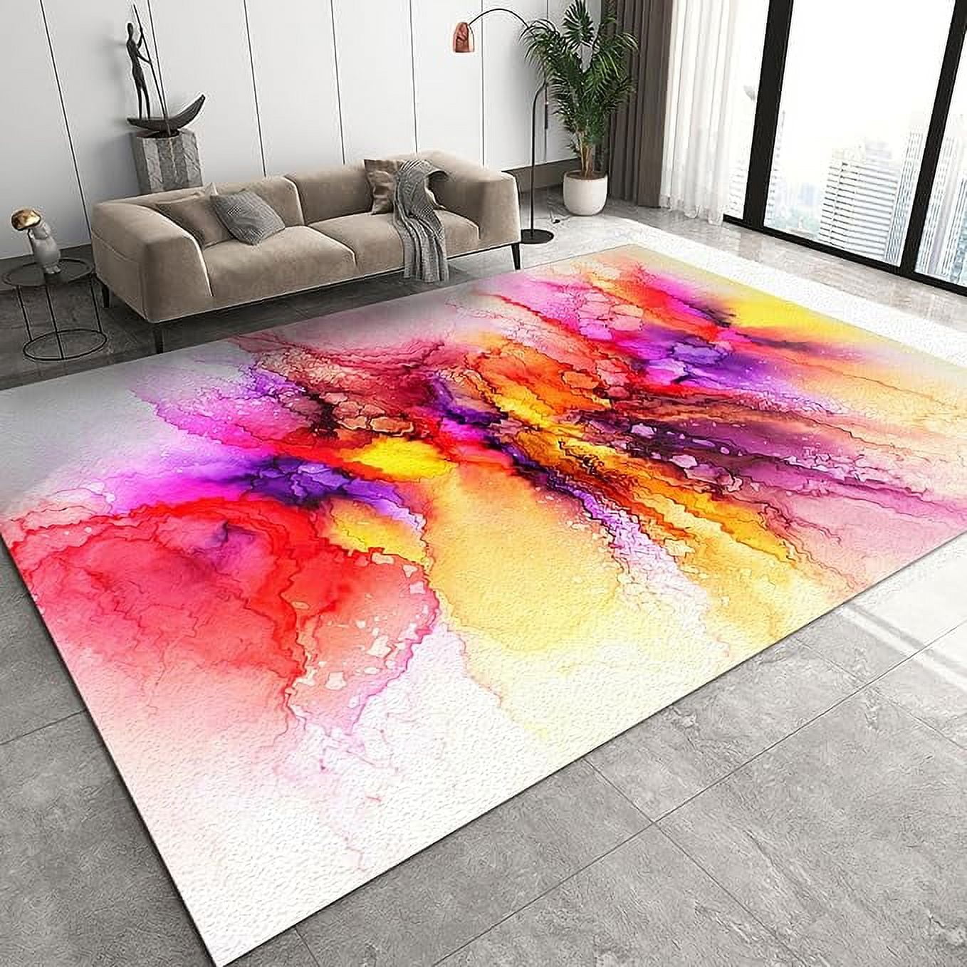 Yellow Pink Gradient Watercolor Area Rug, Retro Art Gradient Indoor Non ...