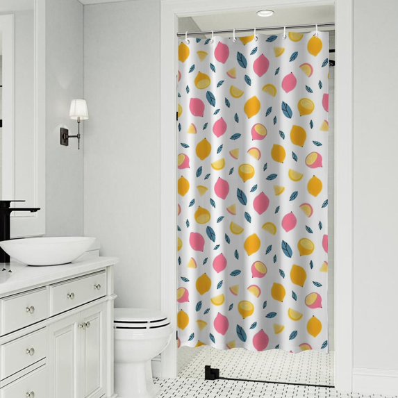 Yellow Pink Lemon Fruit Leaves White Pattern Shower Curtain 36"x72" ,Bathroom Decorative Shower Curtains Set with 12 Hooks,Modern Waterproof Washable Shower Curtain