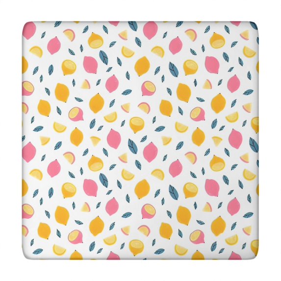 Yellow Pink Lemon Fruit Leaves White Pattern Square Fitted Tablecloth with Elastic Edge,Square Table Cover,Washable Elastic Table Cover for Home Kitchen Party Decor 34"x34"
