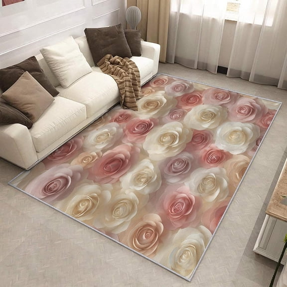 Yellow Pink Rose Area Rug, Botanical Floral Flower Design Indoor Carpet, Washable Non Slip Low Pile Soft Thin Rug for Living Room Bedroom Home Decor Mat 2x3ft
