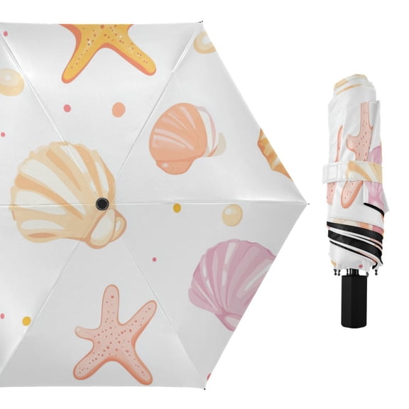 Yellow Pink Shells Stars Dots All Weather Umbrella Triple Folding Parasol 6 Ribs UV Protection Portable