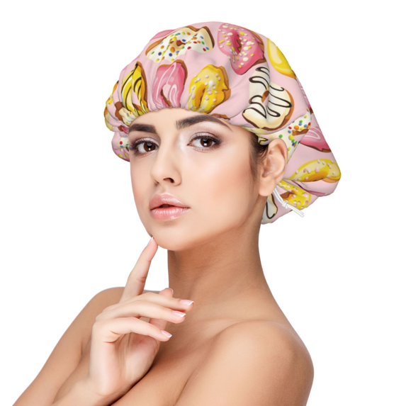 Yellow Pink White Donut Print Silk Bonnet for Sleeping Women/Men, Adjustable Elastic Satin Bonnet Bonnet for Sleeping, Soft Similar Silk Curly Hair Bonnet for Sleeping